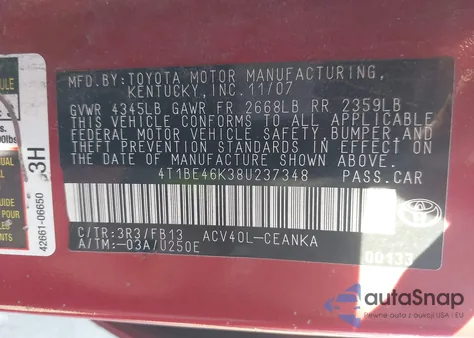 2008 Toyota Camry Le z USA, uszkodzony, nr VIN 4T1BE46K38U237348